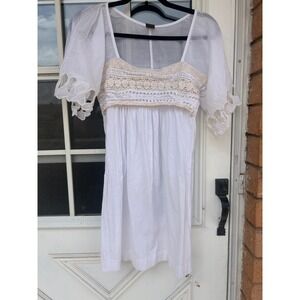 Language Los Angeles White Crochet Lace Empire Waist Boho Mini Dress  S Fairy